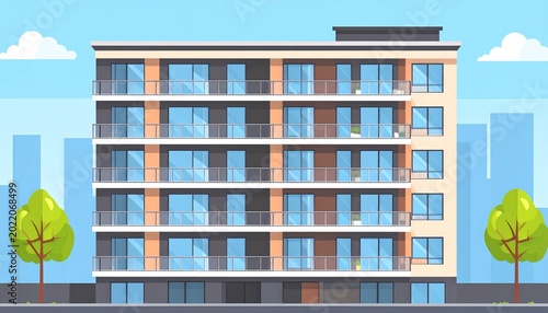 Urban condominium illustration with balconies and modern city environment