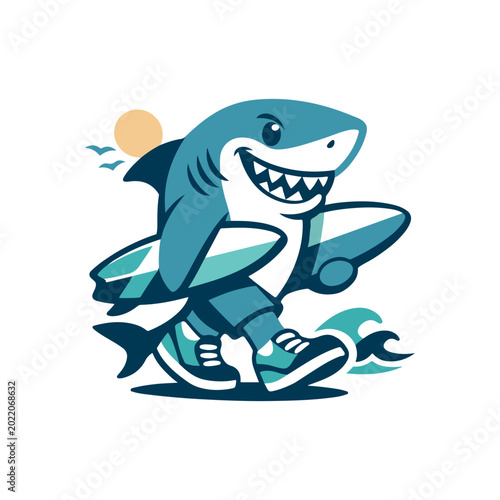 Photography Cool Shark Character Carrying Surfboard and Wearing Sneakers Mascot