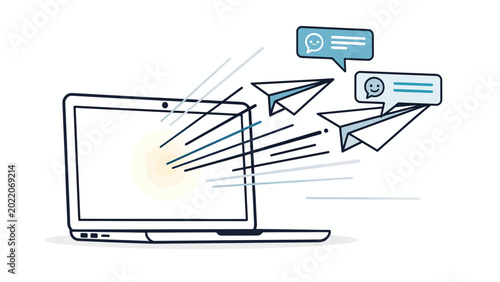 Laptop sending fast paper airplanes and chat messages for digital email marketing vector