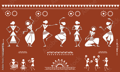 фотографія Warli Folk Tribal Art or sora tribe art for Odisha or Maharashtra Tribal Stick Figures Indian tradition tribal art vector of the traditional odishi dancer in different pose and music instruments