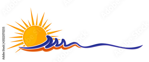A sun dawn symbol with the sea and sandy beach.
