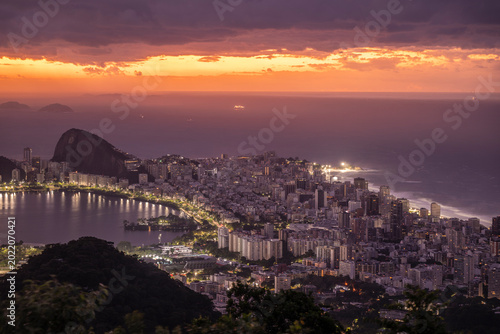 Beautiful sunrise view to Ipanema beach and Rodrgo de Freitas lagoon