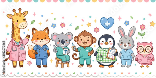 Photography Cute Cartoon Animal Vet and Doctor Character Set with Giraffe Fox Koala Monkey P