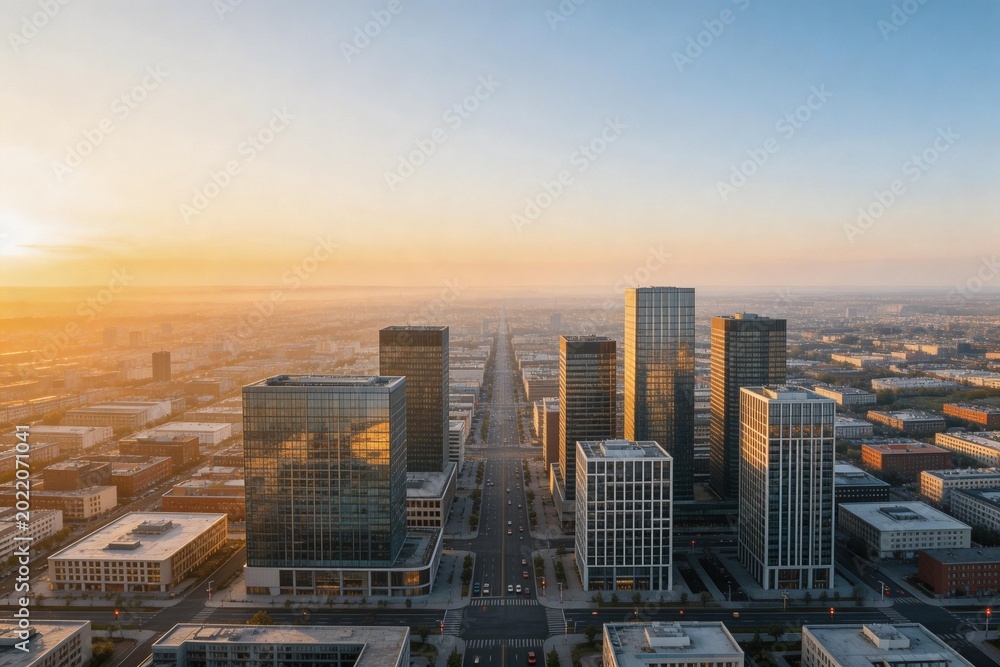 Fototapeta premium Aerial view of modern city skyline at sunrise