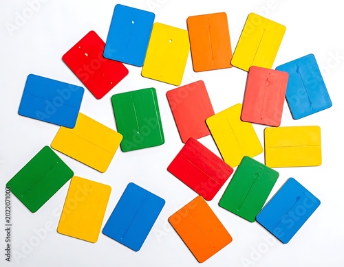 Colorful rectangular puzzle pieces scattered.