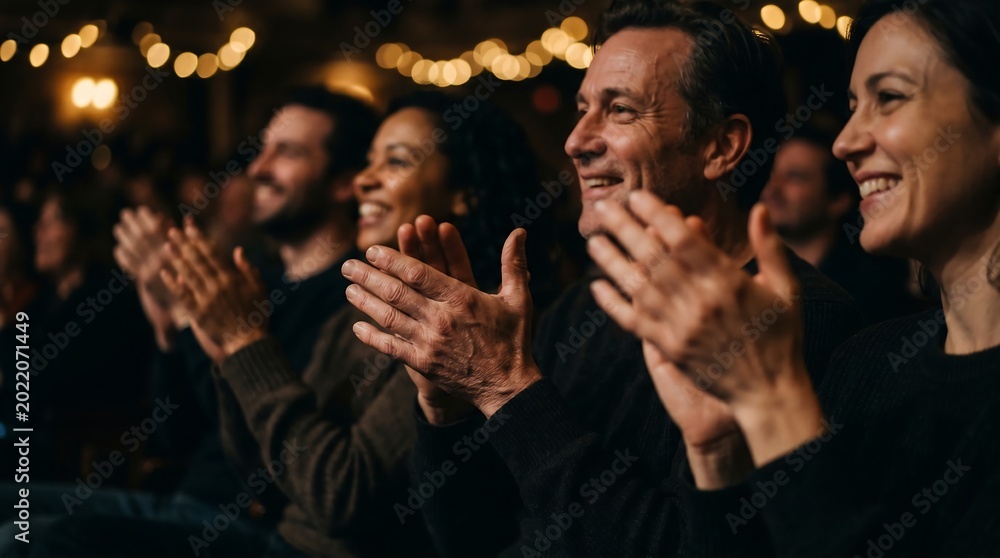 Fototapeta premium Warm lights glow softly behind smiling applauders. Their hands clap gently, showing joyful approval. Laughter and happiness fill the audience's faces. Perfect for event coverage, theater