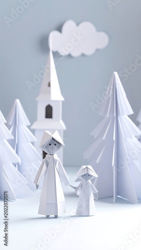Paper cutout church and figures scene.