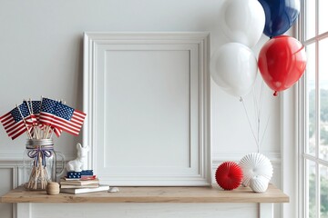 Festive American Holiday Celebration Mockup with Blank Frame, Flags, and Balloons