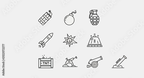 Photos Explosive Icons: Bombs, Grenades, Rockets, TNT, Cannons, and More - Line Art