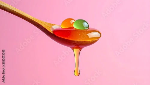 Spoon with jelly beans and syrup.