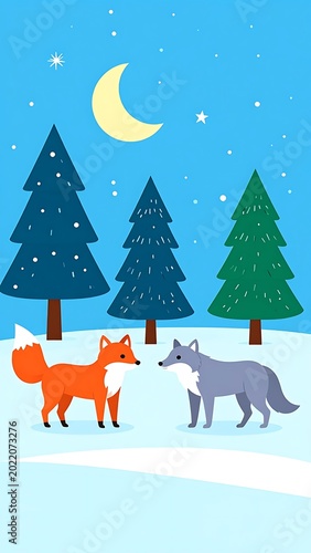 Two foxes standing in snowy forest.
