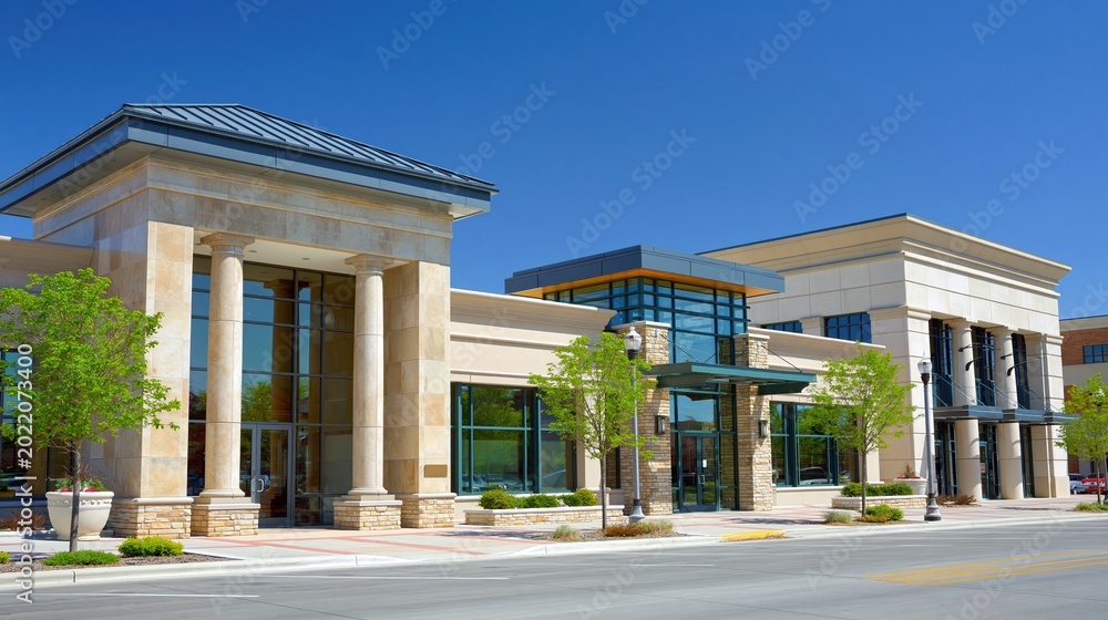 Fototapeta premium Modern Beige Stone Commercial Building Exterior with Large Columns and Green Trees Under a Clear Blue Sky