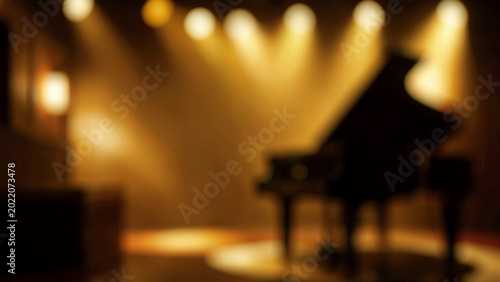 Dramatic grand piano performance on a stage with warm lighting