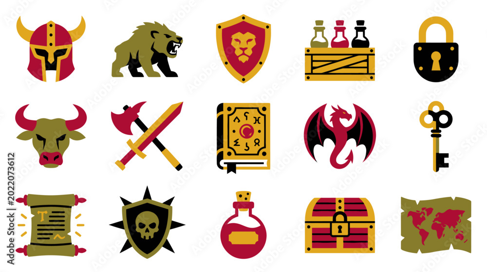Fototapeta premium Fantasy Game Icons: Helmet, Lion Shield, Potion Box, Lock, Bull, Axe Sword, Spell Book, Dragon, Key