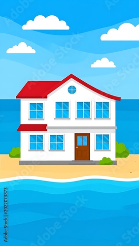 White beach house with red roof.