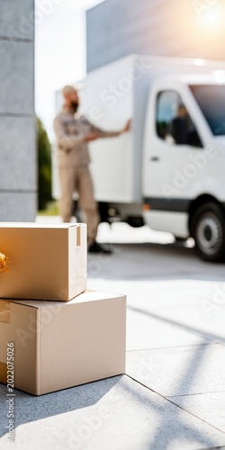 Delivery boxes waiting for customer receiving shipment from courier service arriving with truck, shipping and e-commerce concept image with copy space