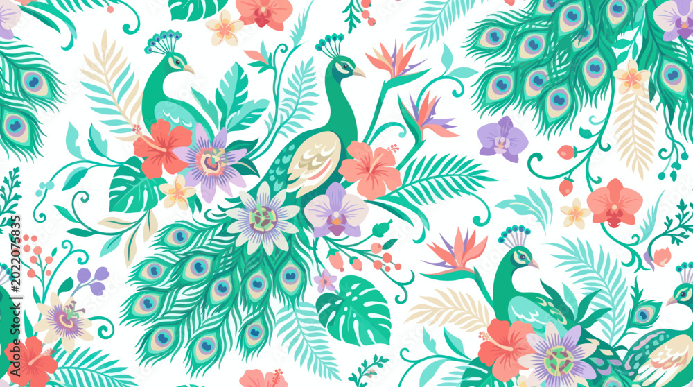 Fototapeta premium Decorative Nature: Tropical Peacocks and Exotic Flowers Seamless Pattern Flat Vector Illustration