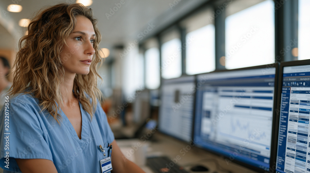 Fototapeta premium Hospital predictive analytics nurse manager reviews readmission risk stratification charts on a touchscreen command center in a cardiovascular unit, flagging high-acuity discharge cases for care tra