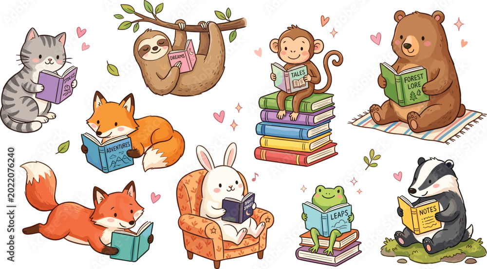 Fototapeta premium Cute Cartoon Forest Animal Characters Reading Books Icon Set with Cat Sloth Monkey Bear Fox Rabbit Frog and Badger for Kids Education Library Designs