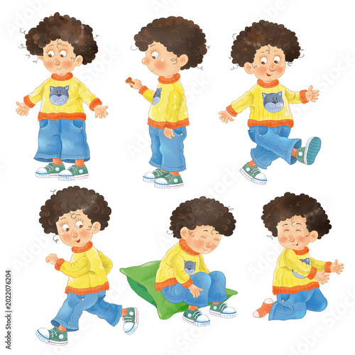 A cute funny boy with curly hair. Character design. Funny cartoon characters isolated on white background
