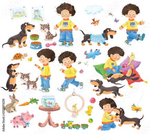 Cute and funny kids playing with their pets.  Set of illustrations for children. Coloring page