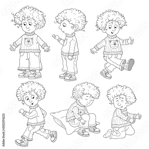 A cute funny boy with curly hair. Character design. Funny cartoon characters isolated on white background