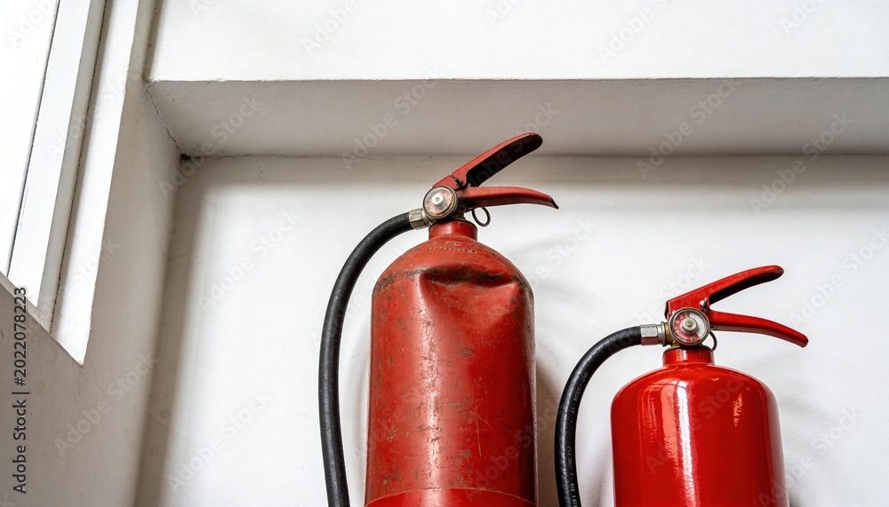Obraz premium Two red fire extinguishers mounted on a white wall. The extinguishers are of different sizes, with visible nozzles and hoses attached.