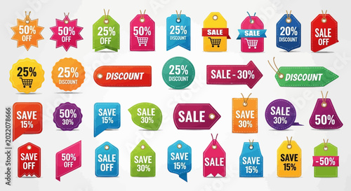Konstfotografi Collection of colorful sale and discount tags, labels, and stickers for retail p