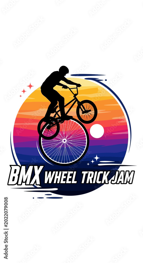 Fototapeta premium BMX Rider Silhouette Performing Wheelie Trick Against Vibrant Sunset Circle