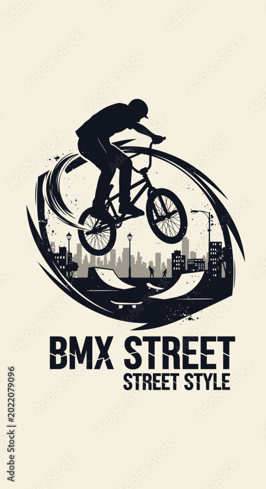 Fototapeta premium BMX Street Rider Silhouette Jumping Over Cityscape with Grunge Swirls