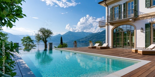 Italian villa on lake como featuring infinity swimming pool, wooden deck, and stunning mountain view