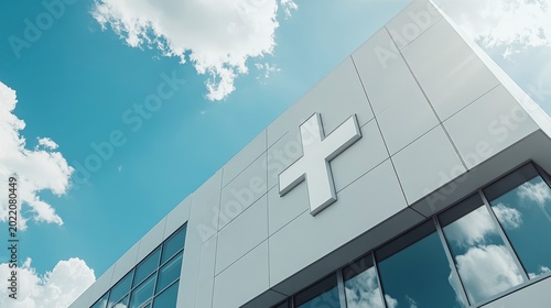 Modern hospital building with a large white cross symbol on its facade against a bright blue sky.