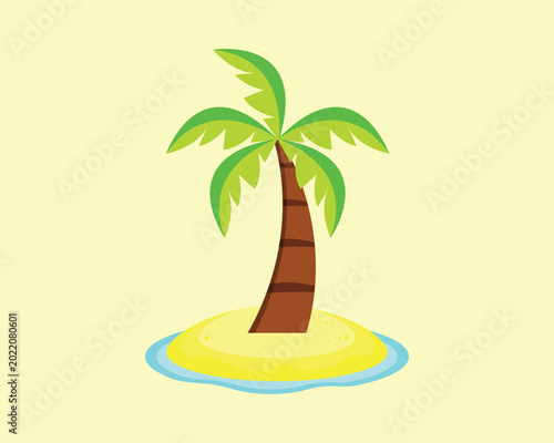 Tropical Palm Tree on Small Island Vector Illustration with Bright Green Leaves and Blue Water, Minimal Summer Vacation Nature Concept