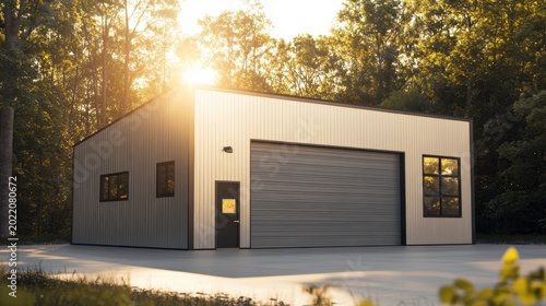 Modern metal building in a forest setting at sunset.