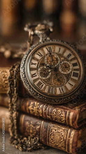 Vintage pocket watch on antique books with ornate details