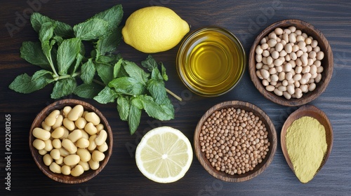 Overhead shot of various ingredients for hummus preparation chickpeas, lemon, olive oil, mint, coriander, and tahini.