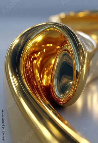 Polished Curved Gold Metal Flowing Abstract Background with Shine and Glossy Surface