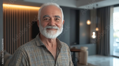 Portrait of a smiling senior man with a white beard in his home.