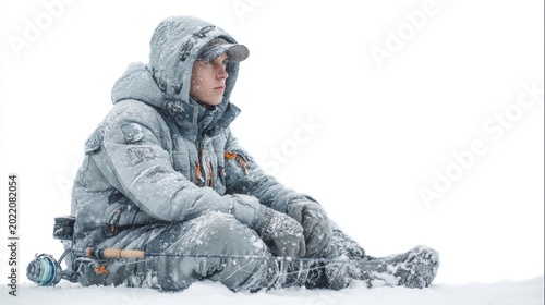 Young Angler in Snowy Landscape with Fishing Rod and Winter Gear Sitting on Ice
