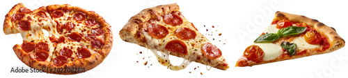 Foto Three pizzas: a whole pepperoni pizza with cheese pull, a slice of pepperoni pizza, and a slice of Margherita pizza, isolated on transparent background