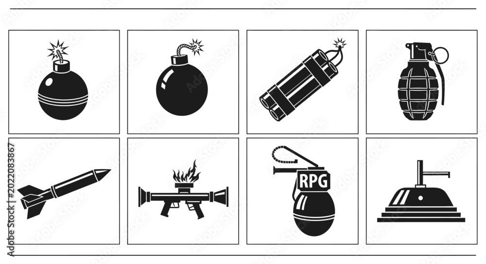 Naklejka premium Explosive Weapons Icons Set: Bombs, Grenades, Rockets, RPG, Dynamite