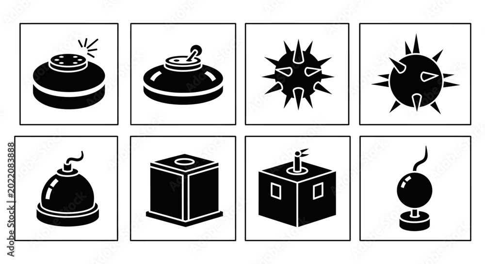 Naklejka premium Explosive Devices Icons: Mines, Bombs, and Grenades Collection