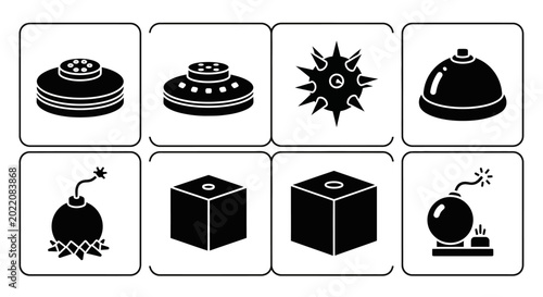 Schilderij op canvas Explosive Devices Icons: Landmine, Grenade, Bomb, Mine Icons