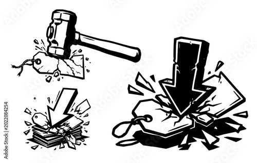 Price tag being destroyed by falling arrows and hammer, signifying drastic price reduction and sales.