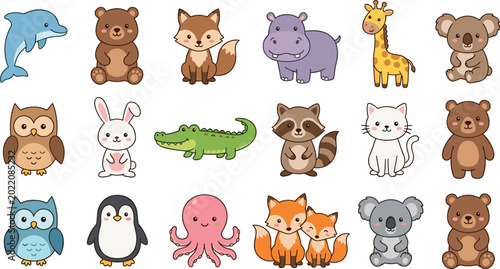 Canvas Print Cute Cartoon Wild Safari Marine and Forest Animal Character Clipart Set with Bea