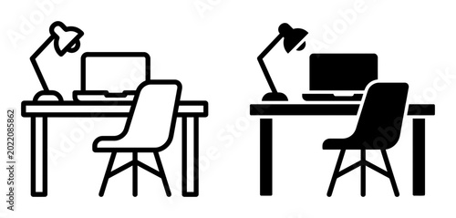 Minimalist Home Office Desk Setup Vector Icons, black and white outline and solid glyph styles, laptop and lamp on a table with chair, modern workspace illustration for web and app design