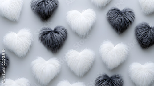 Minimal monochrome fluffy heart pattern with soft faux fur cushions and elegant textile charm