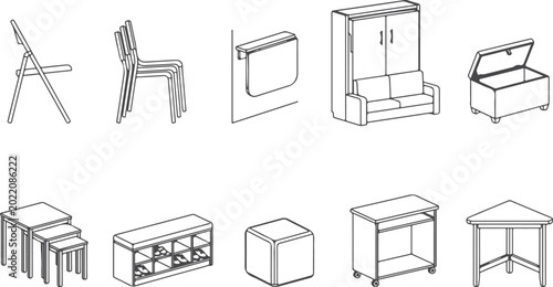 Foto Collection of outline furniture items, chairs, tables, bench, sofa bed