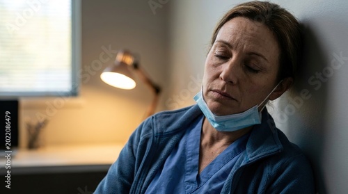 Close-up portrait of tired and depressed female nurse resting after long shift, emotional storytelling, soft hospital lighting, ultra realistic skin detail
