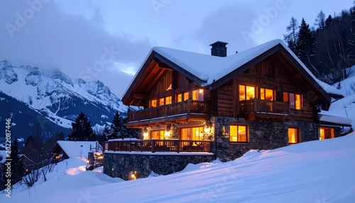 Luxury chalet illustration with snowy mountains and warm cabin lights